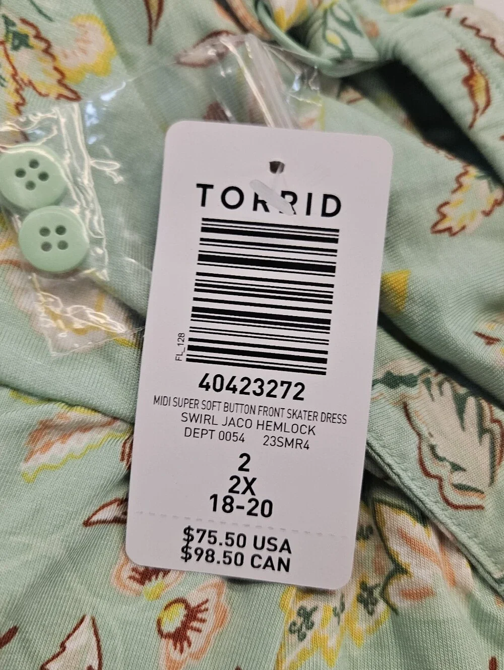 Torrid NWT Midi Super Soft Button-Front Skater Dress Size 2X Green Floral Pocket - Picture 9 of 12